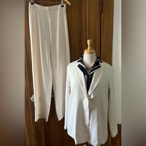 *BUNDLE* Elegant Cream Suit with Navy Blue and Cream Striped Blouse.
